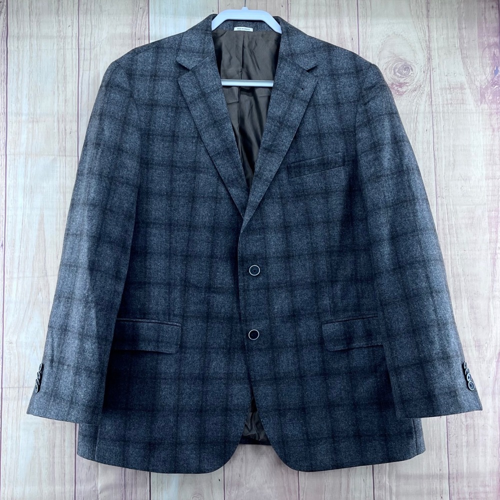 Joseph Abboud Sport Coat 46R Charcoal Grey Wool Cashmere E. Thomas Plaid Blazer